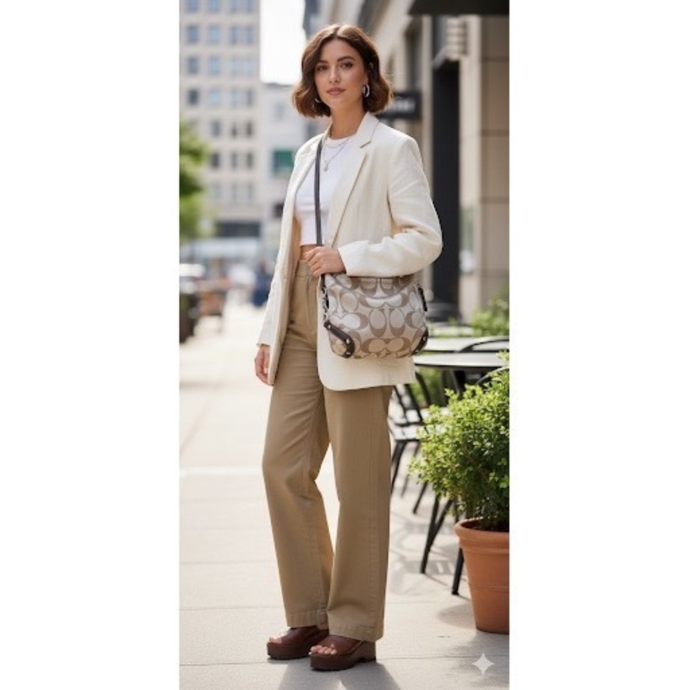 Coach Signature C Monogram Hobo Handbag Tan‎ Brown Leather Silver Chain Accents